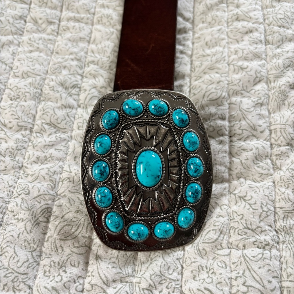 Turquoise and Silver Belt Buckle with Brown Leather Strap
